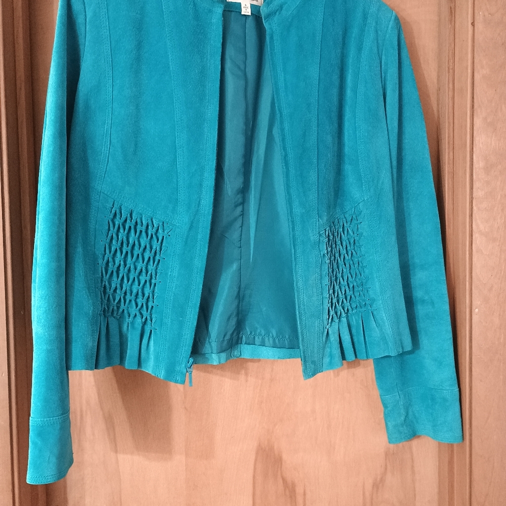 Yvonne le Marie Teal Women's Suede Jacket Size 6 Boho Hippie Chic